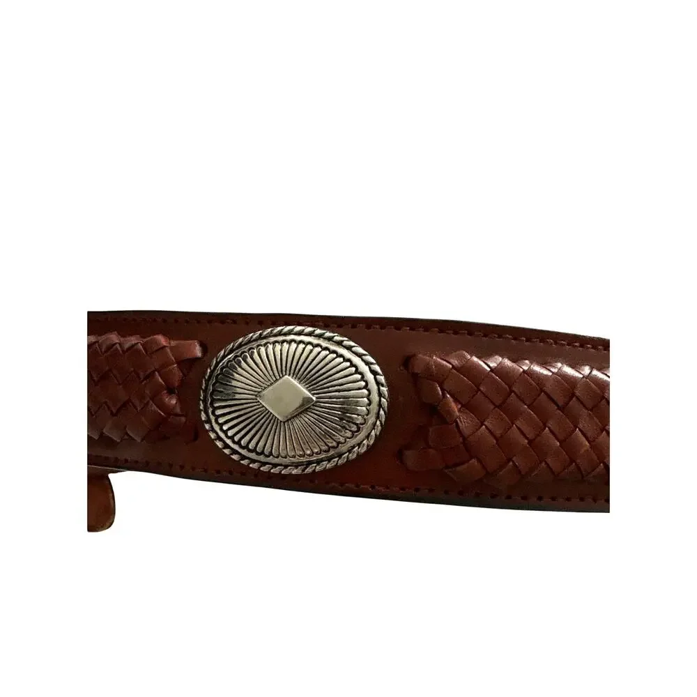 Vintage Genuine Leather Woven Concho Belt | Brown Western Boho - Picture 3 of 7